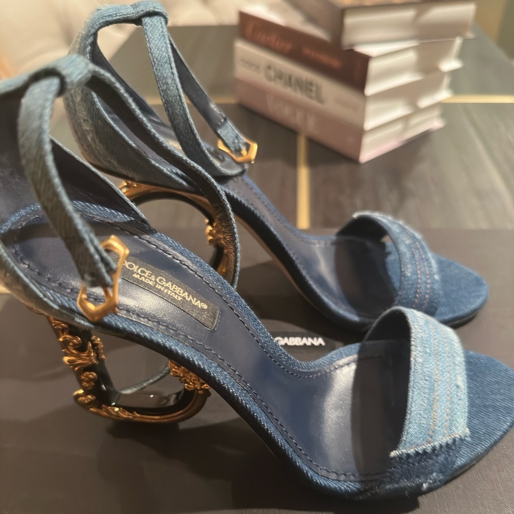 Dolce & Gabbana Patchwork denim sandals with baroque DG heel